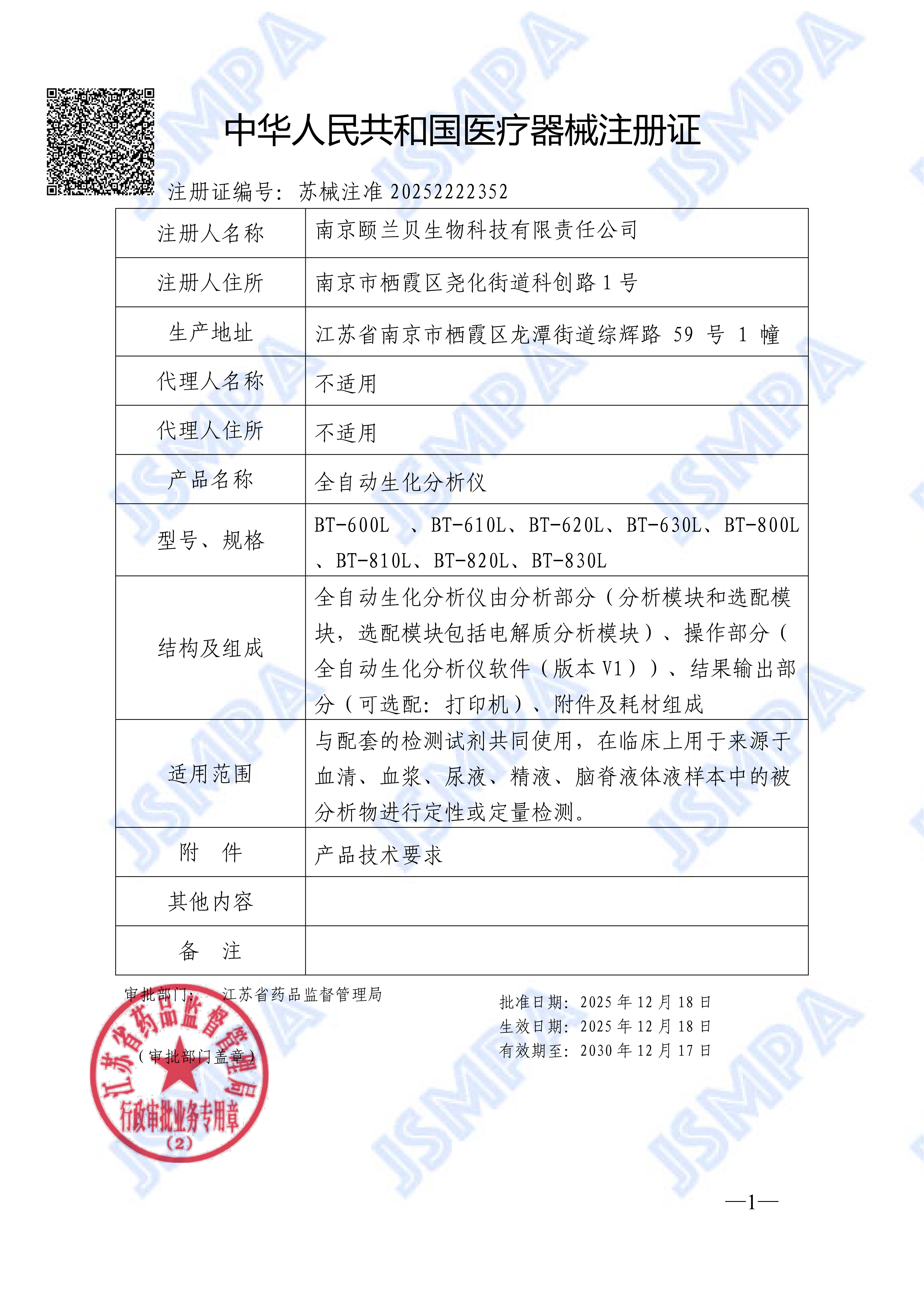 Medical device registration certificate